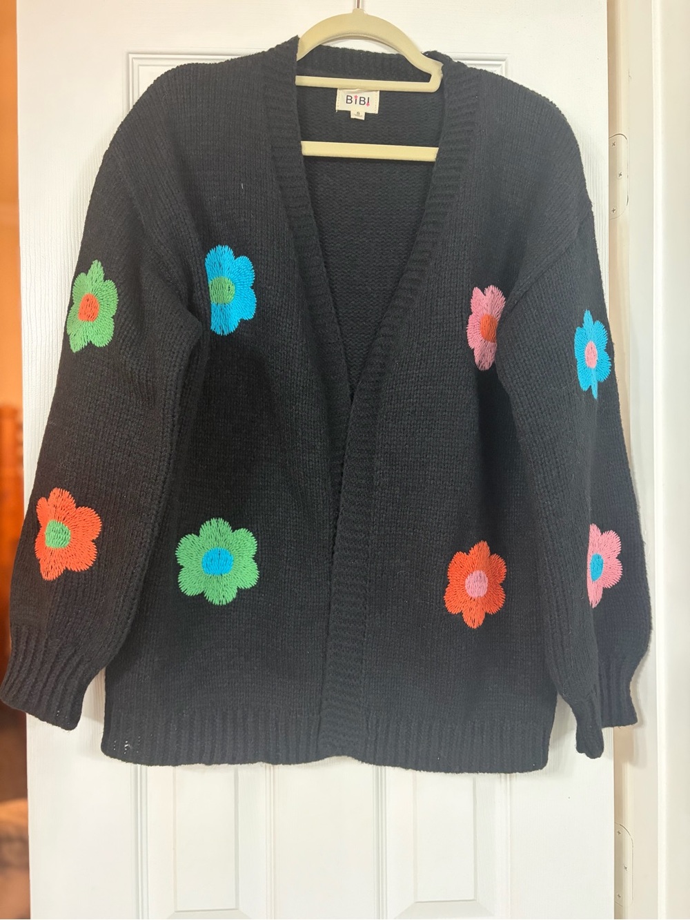 BiBi Black Cardigan with Multicolor Crochet Flowers